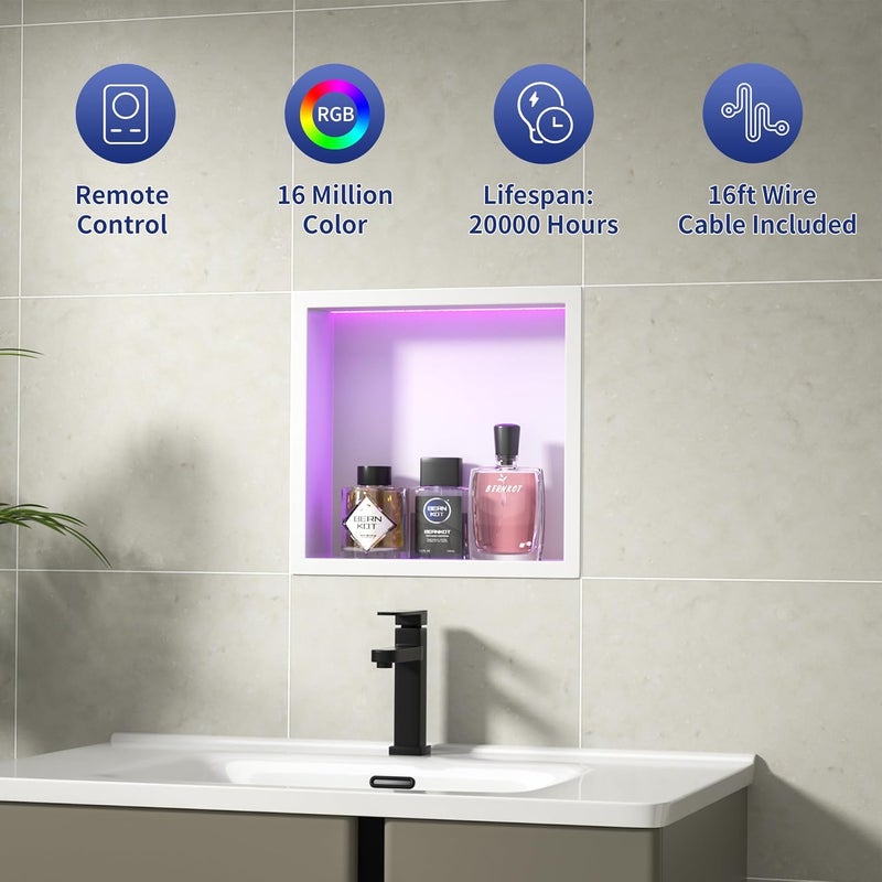Bernkot Stainless Steel Shower Niche 12" X 12" White with RGB Light No Tile Needed Recessed Wall Led Shower Niche for Bathroom Storage Waterproof Hardwired Dimmable Over Mount Installation - Image 4